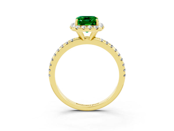 Yellow gold Emerald Cut Emerald Halo Engagement Ring with Round Pavé Band and Prong Setting