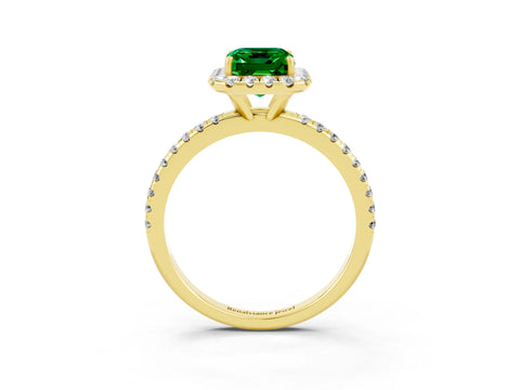 Yellow gold Emerald Cut Cut Diamond Floral Halo Engagement Ring with Pavé Band and Prong Setting_3