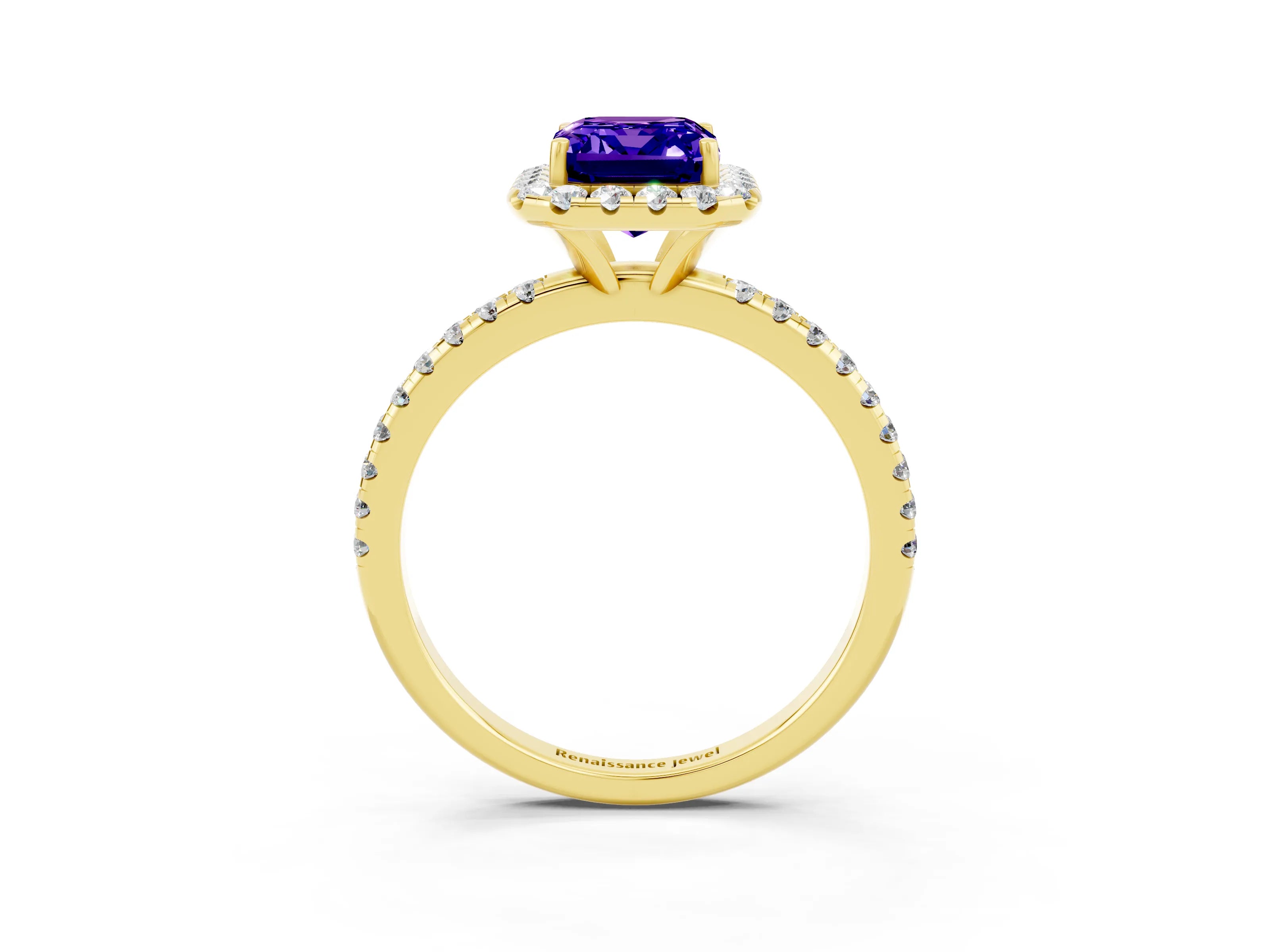 Yellow gold Emerald Cut Cut Diamond Floral Halo Engagement Ring with Pavé Band and Prong Setting_3