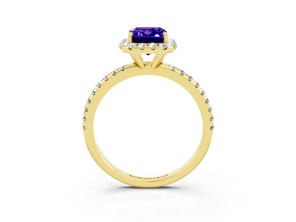 Yellow gold Emerald Cut Tanzanite Halo Engagement Ring with Round Pavé Band and Prong Setting