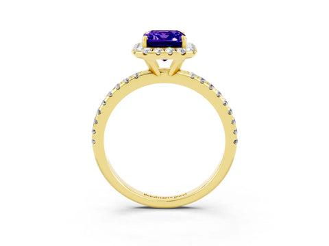Yellow gold Emerald Cut Cut Diamond Floral Halo Engagement Ring with Pavé Band and Prong Setting_3