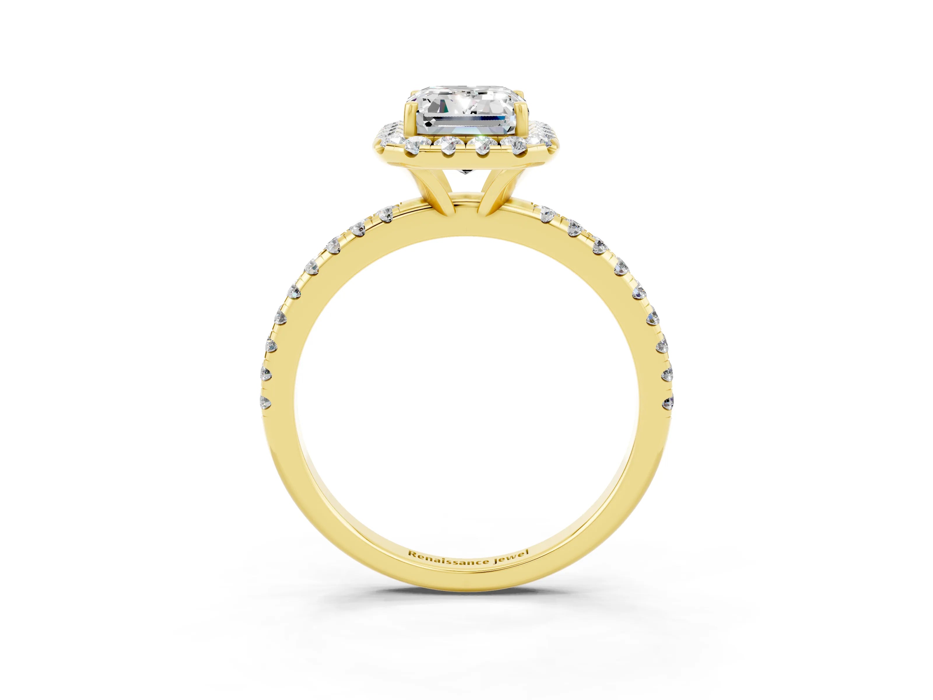 Yellow gold Emerald Cut Cut Diamond Floral Halo Engagement Ring with Pavé Band and Prong Setting_3