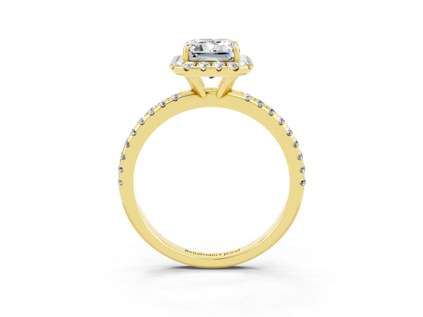 Yellow gold Emerald Cut Moissanite Halo Engagement Ring with Round Pavé Band and Prong Setting