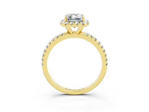 Yellow gold Emerald Cut Cut Diamond Floral Halo Engagement Ring with Pavé Band and Prong Setting_3