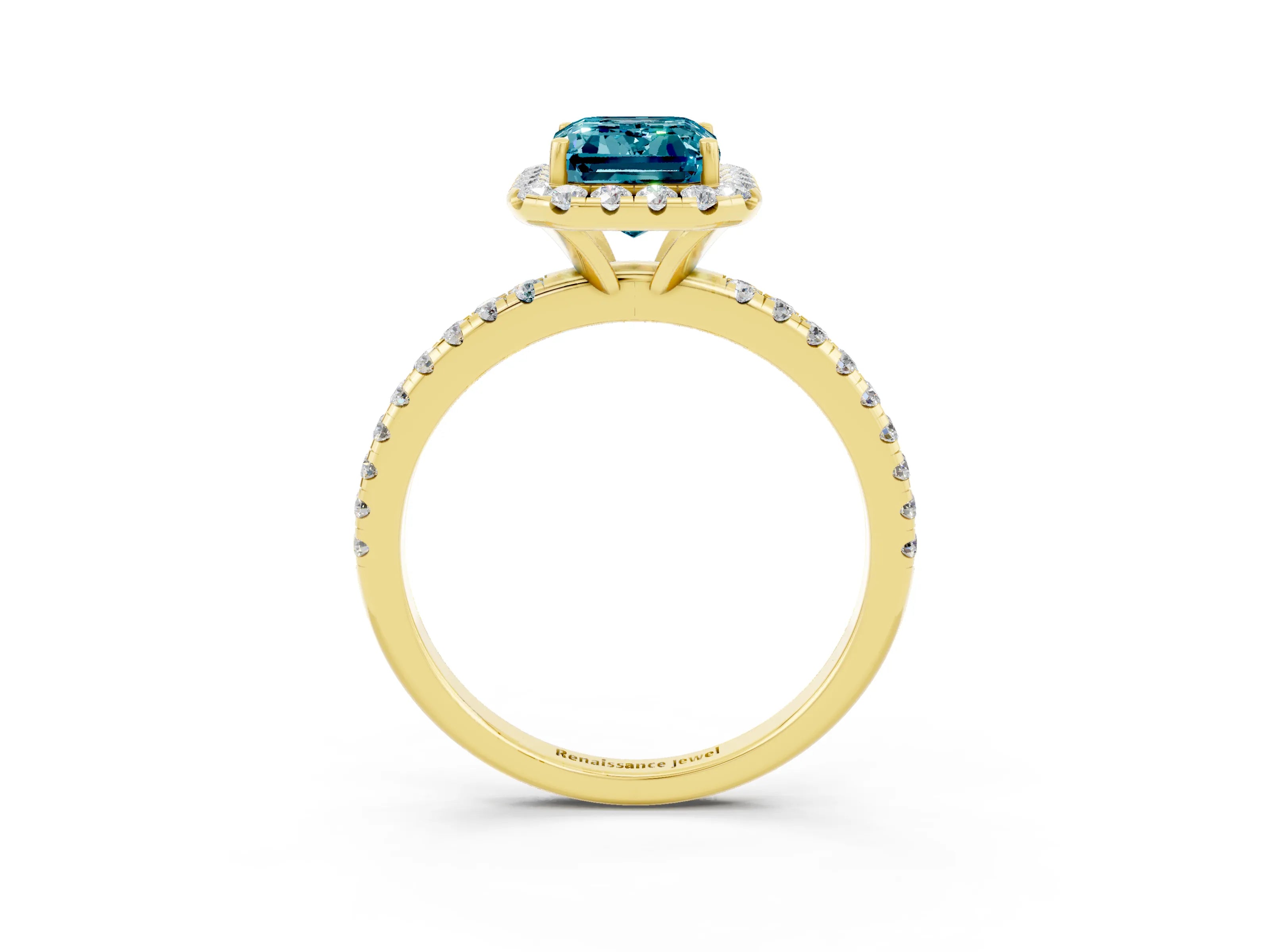 Yellow gold Emerald Cut Cut Diamond Floral Halo Engagement Ring with Pavé Band and Prong Setting_3