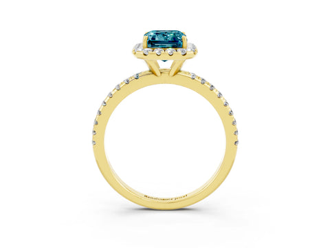 Yellow gold Emerald Cut Cut Diamond Floral Halo Engagement Ring with Pavé Band and Prong Setting_3