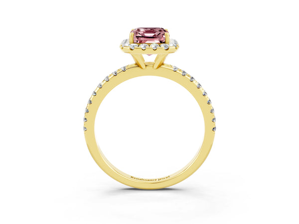 Yellow gold Emerald Cut Cut Diamond Floral Halo Engagement Ring with Pavé Band and Prong Setting