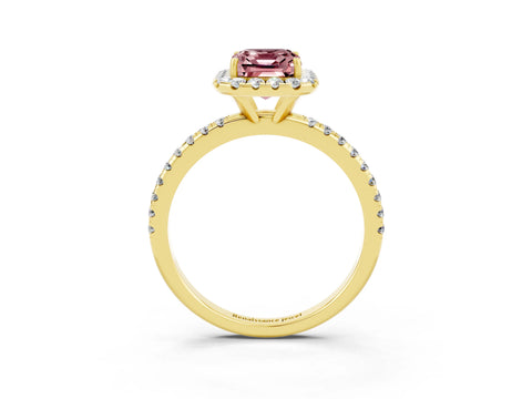 Yellow gold Emerald Cut Cut Diamond Floral Halo Engagement Ring with Pavé Band and Prong Setting_3