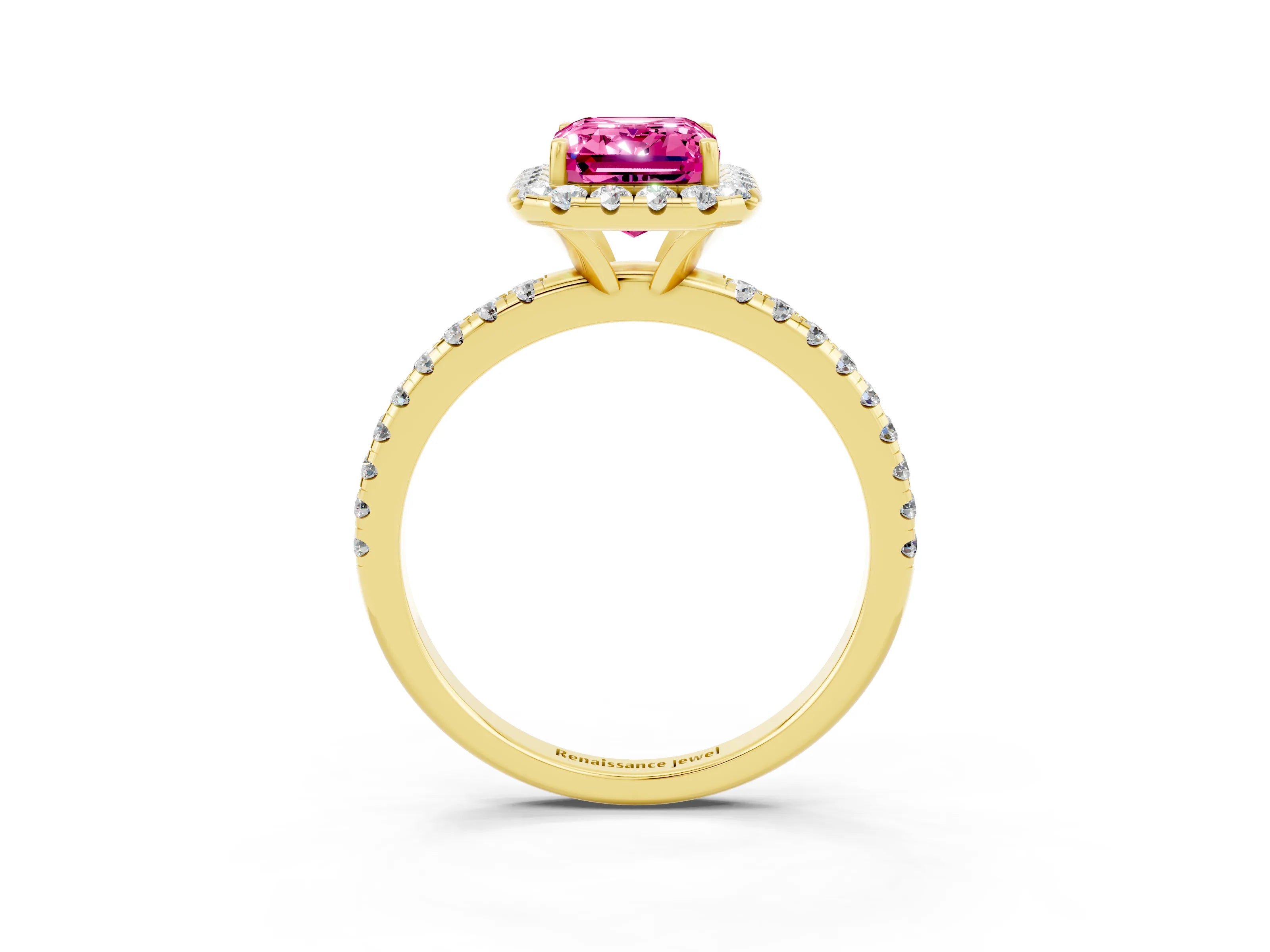 Yellow gold Emerald Cut Cut Diamond Floral Halo Engagement Ring with Pavé Band and Prong Setting_3