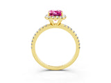 Yellow gold Emerald Cut Cut Diamond Floral Halo Engagement Ring with Pavé Band and Prong Setting_3