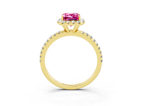 Yellow gold Emerald Cut Cut Diamond Floral Halo Engagement Ring with Pavé Band and Prong Setting_3