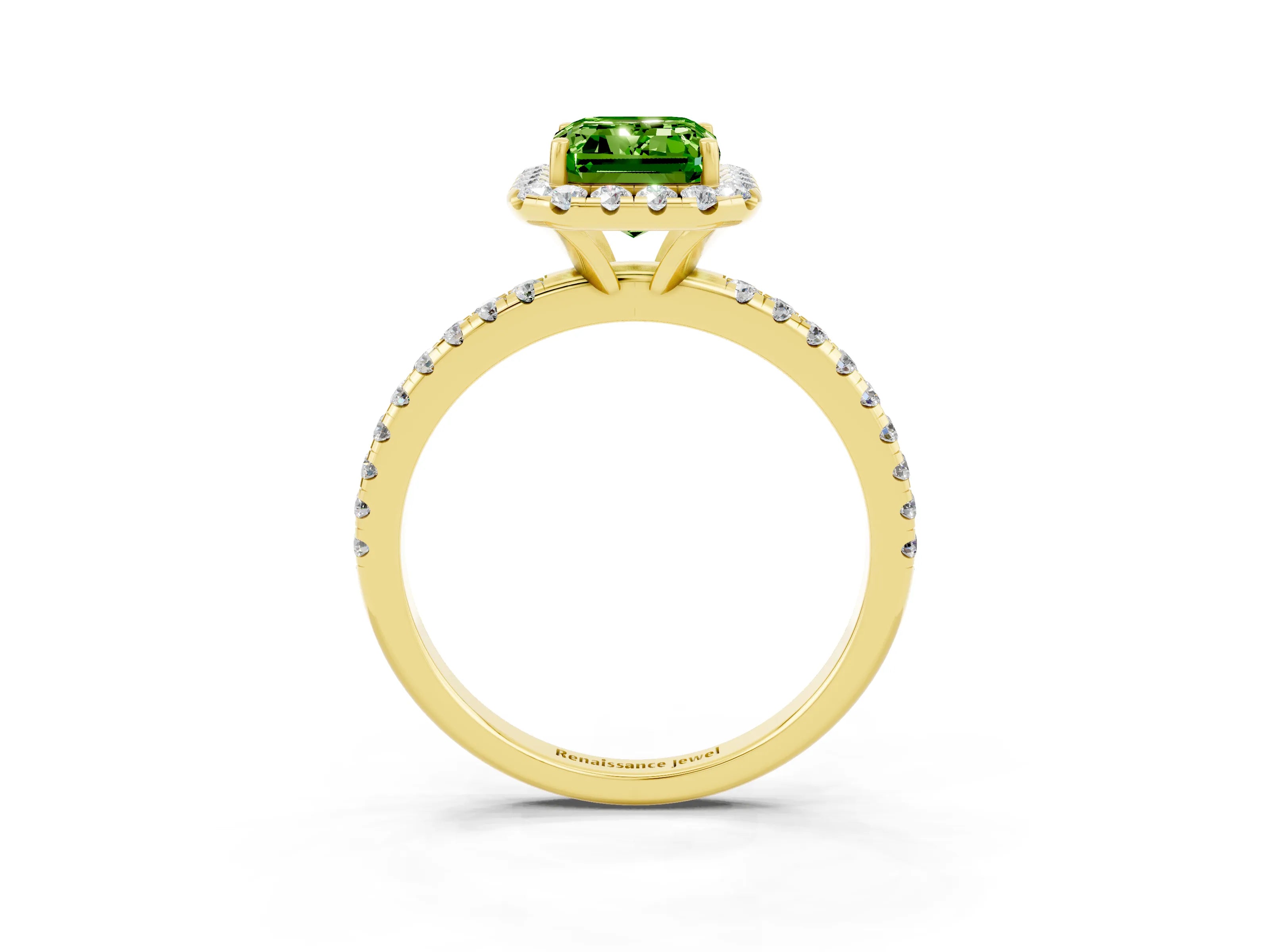 Yellow gold Emerald Cut Cut Diamond Floral Halo Engagement Ring with Pavé Band and Prong Setting_3