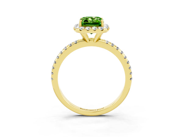 Yellow gold Emerald Cut Cut Diamond Floral Halo Engagement Ring with Pavé Band and Prong Setting