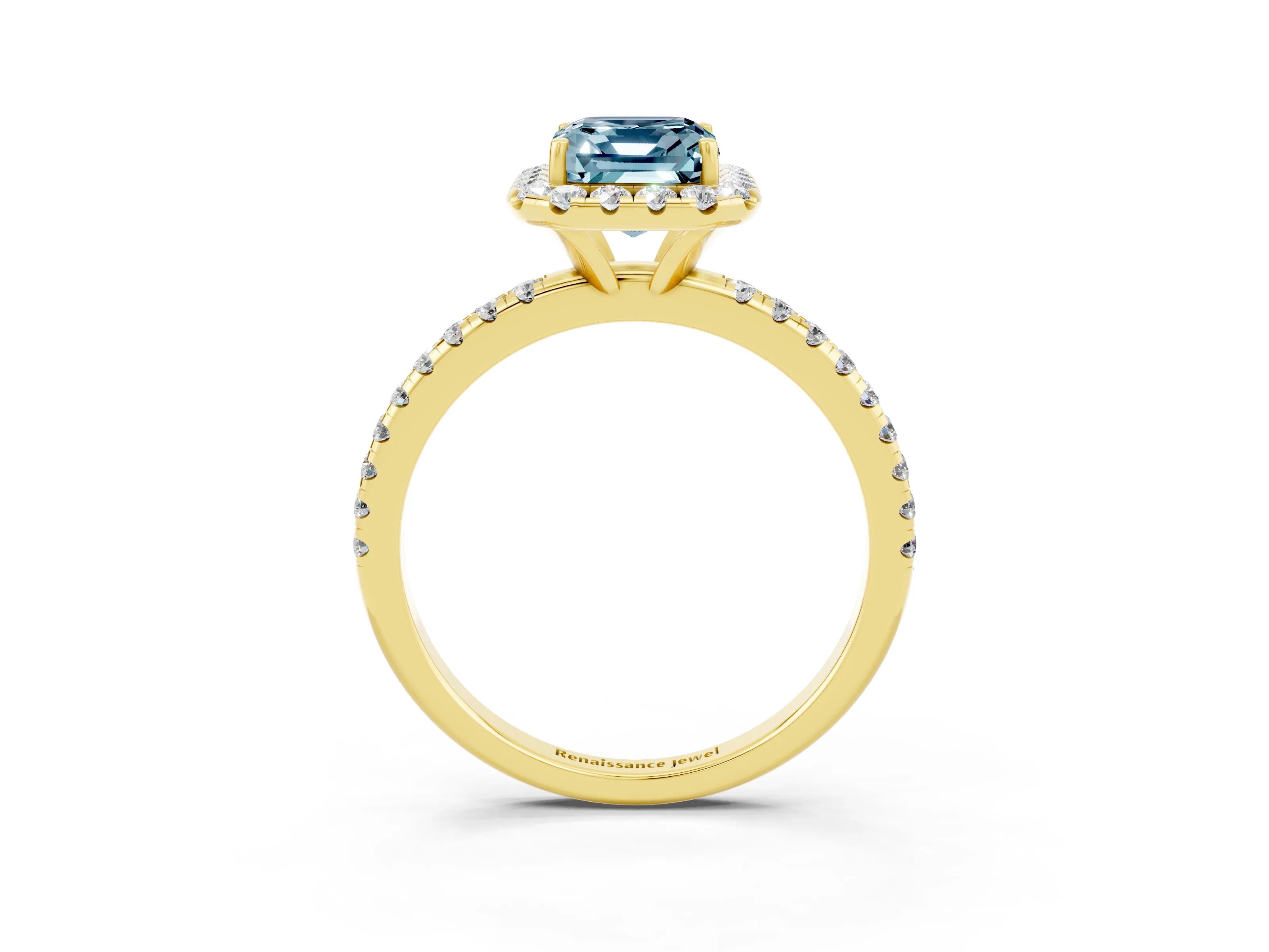 Yellow gold Emerald Cut Cut Diamond Floral Halo Engagement Ring with Pavé Band and Prong Setting_3