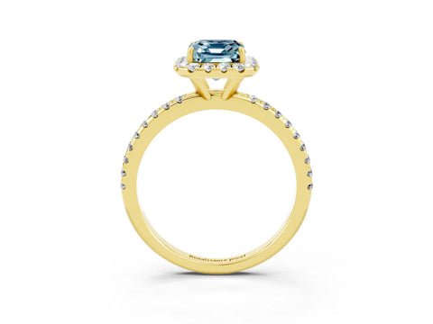 Yellow gold Emerald Cut Cut Diamond Floral Halo Engagement Ring with Pavé Band and Prong Setting_3