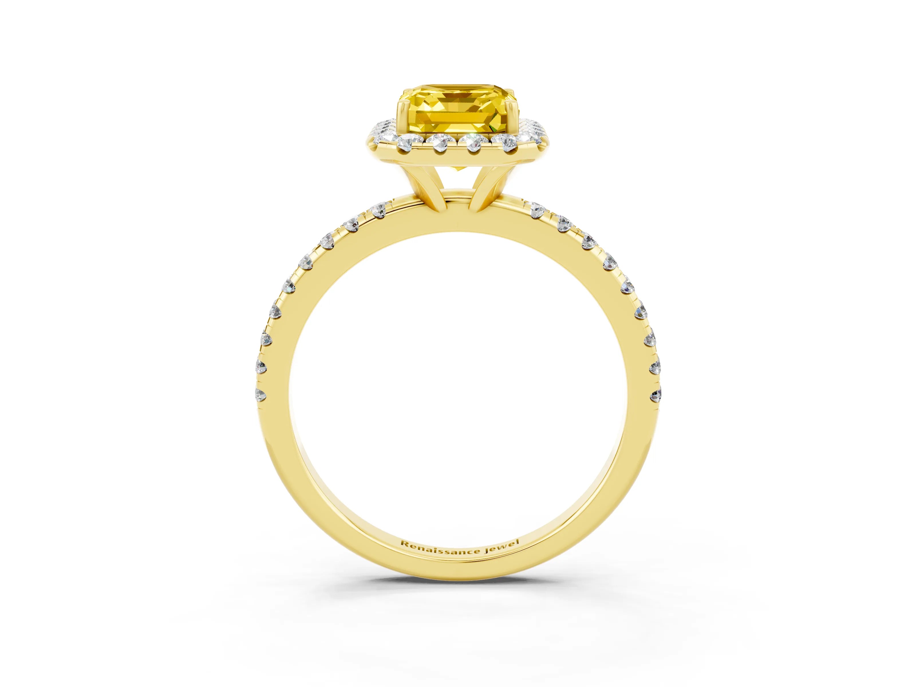 Yellow gold Emerald Cut Cut Diamond Floral Halo Engagement Ring with Pavé Band and Prong Setting_3