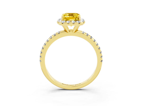 Yellow gold Emerald Cut Yellow Sapphire Halo Engagement Ring with Round Pavé Band and Prong Setting
