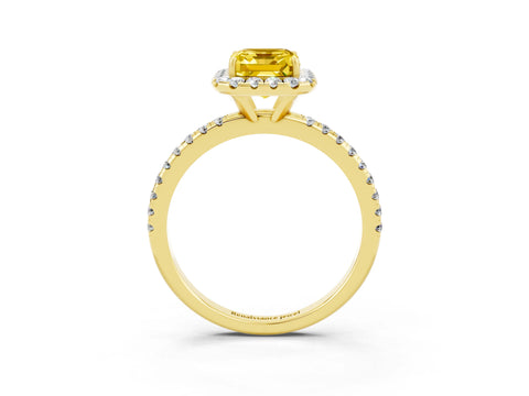 Yellow gold Emerald Cut Cut Diamond Floral Halo Engagement Ring with Pavé Band and Prong Setting_3