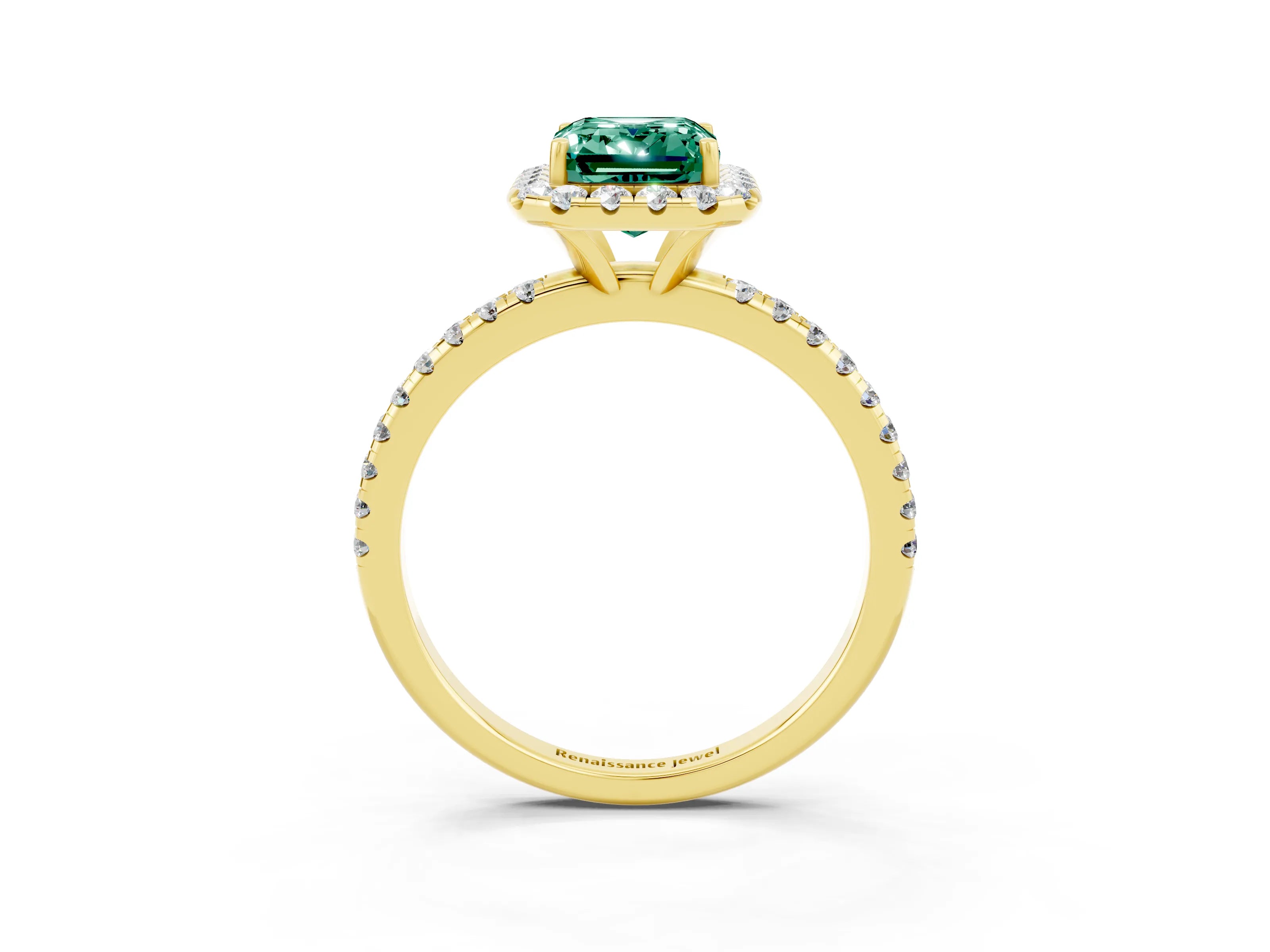 Yellow gold Emerald Cut Cut Diamond Floral Halo Engagement Ring with Pavé Band and Prong Setting_3