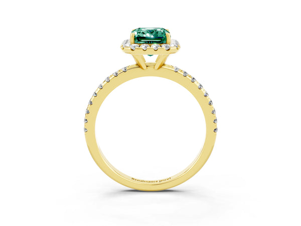 Yellow gold Emerald Cut Green Sapphire Halo Engagement Ring with Round Pavé Band and Prong Setting