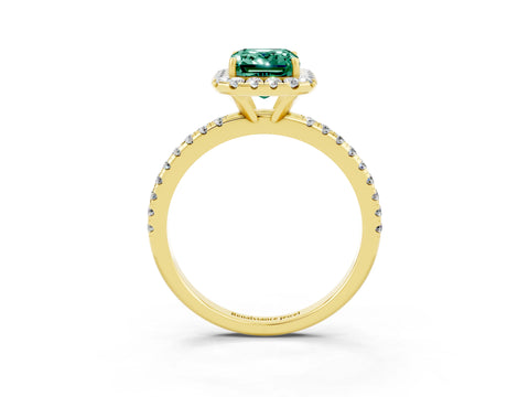 Yellow gold Emerald Cut Cut Diamond Floral Halo Engagement Ring with Pavé Band and Prong Setting_3