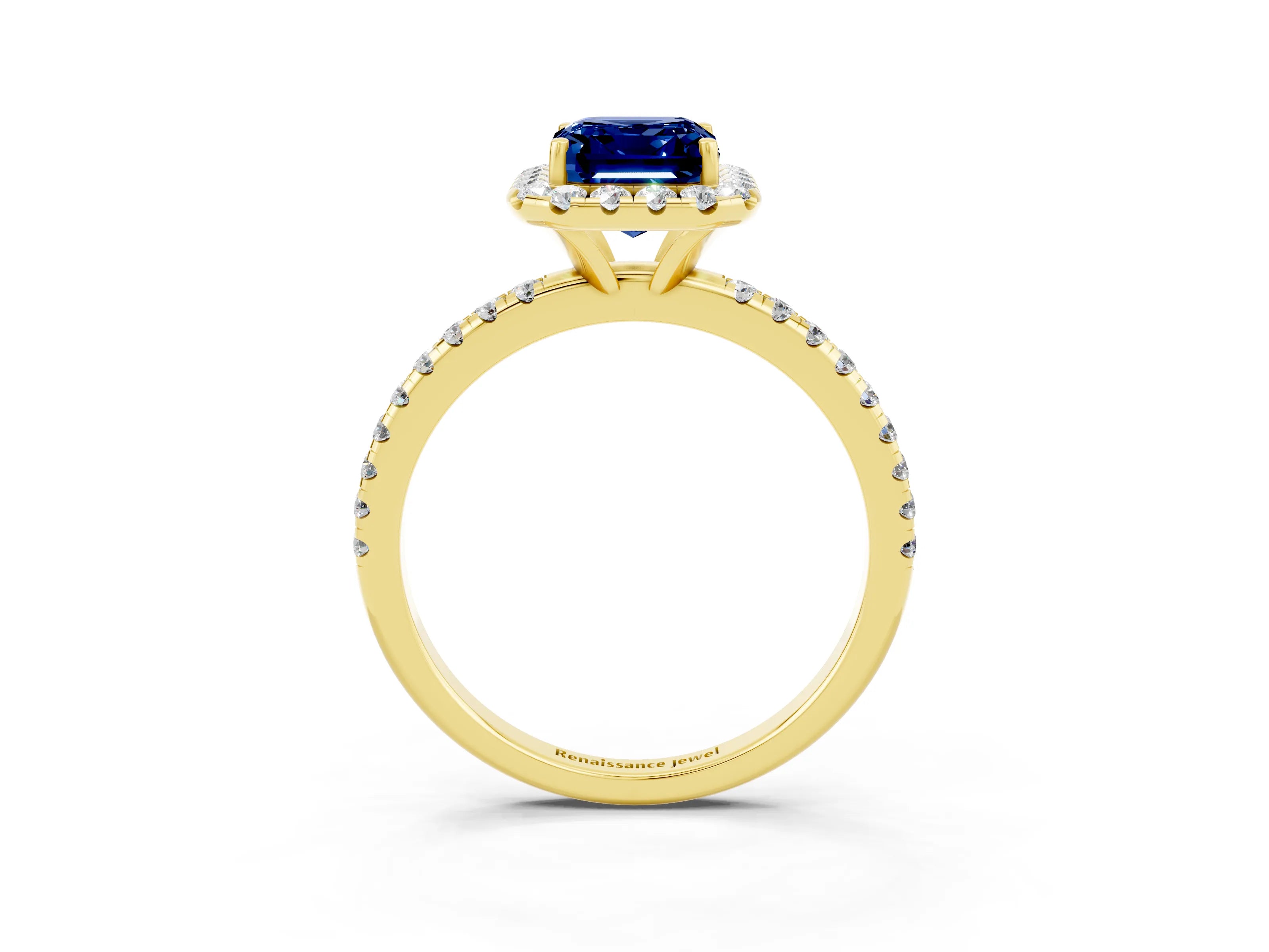 Yellow gold Emerald Cut Cut Diamond Floral Halo Engagement Ring with Pavé Band and Prong Setting_3