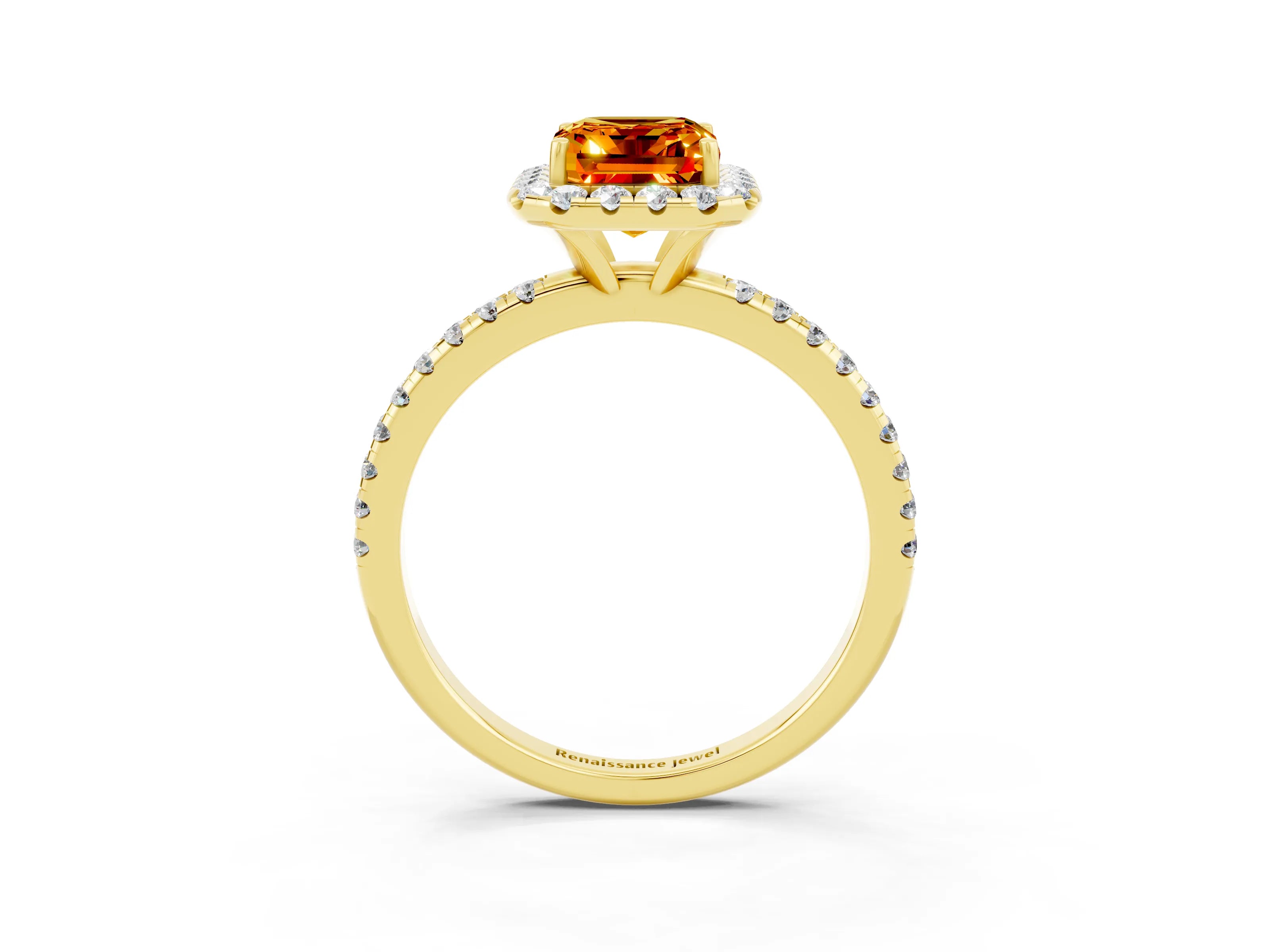 Yellow gold Emerald Cut Cut Diamond Floral Halo Engagement Ring with Pavé Band and Prong Setting_3
