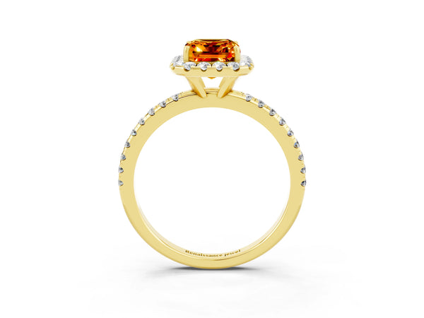 Yellow gold Emerald Cut Citrine Halo Engagement Ring with Round Pavé Band and Prong Setting