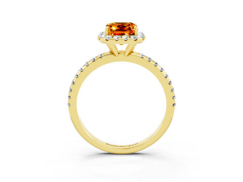 Yellow gold Emerald Cut Cut Diamond Floral Halo Engagement Ring with Pavé Band and Prong Setting_3