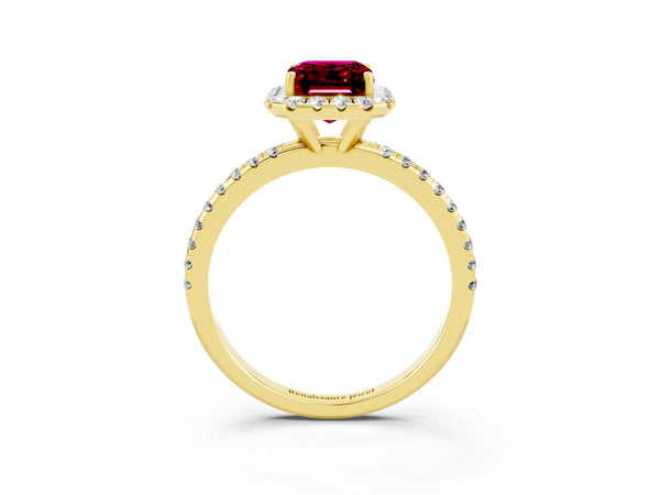Yellow gold Emerald Cut Garnet Halo Engagement Ring with Round Pavé Band and Prong Setting