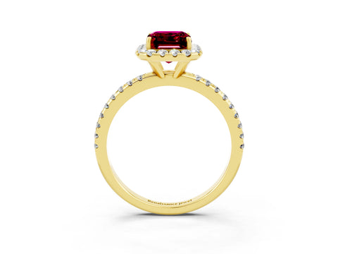 Yellow gold Emerald Cut Cut Diamond Floral Halo Engagement Ring with Pavé Band and Prong Setting_3