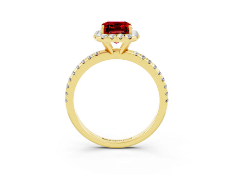 Yellow gold Emerald Cut Cut Diamond Floral Halo Engagement Ring with Pavé Band and Prong Setting_3