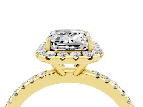 Yellow gold Emerald Cut Cut Diamond Floral Halo Engagement Ring with Pavé Band and Prong Setting_4
