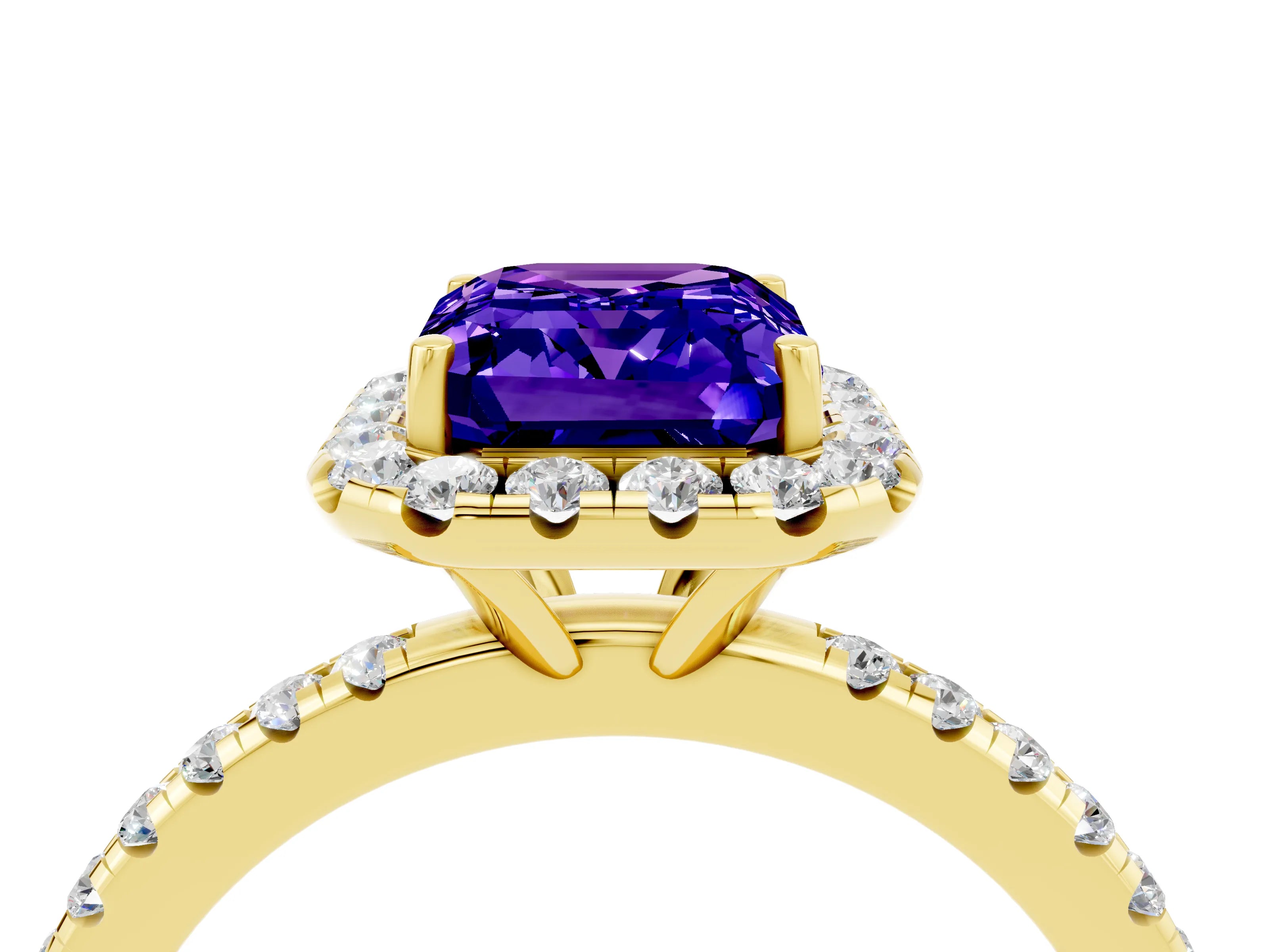 Yellow gold Emerald Cut Cut Diamond Floral Halo Engagement Ring with Pavé Band and Prong Setting_4