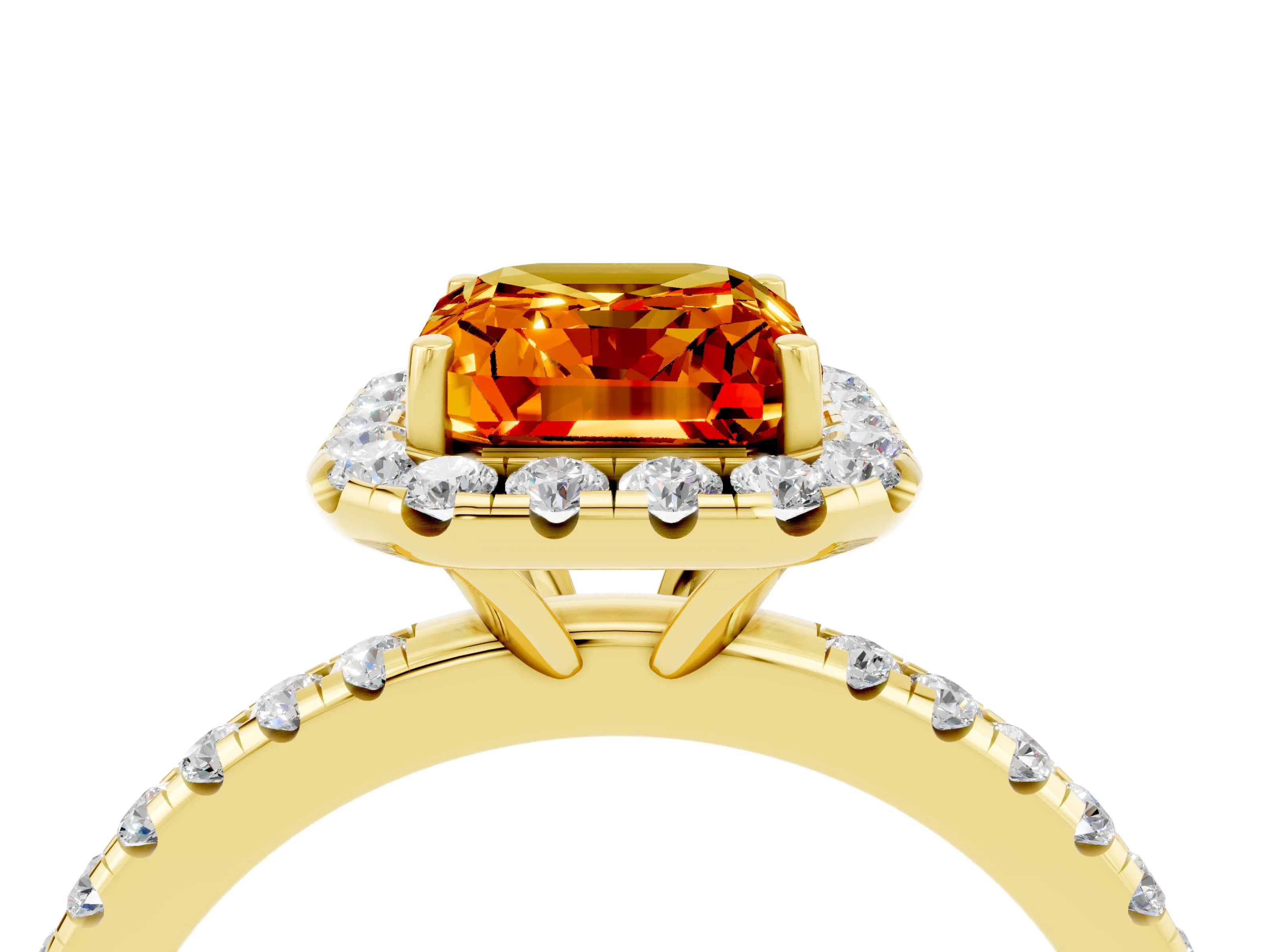 Yellow gold Emerald Cut Cut Diamond Floral Halo Engagement Ring with Pavé Band and Prong Setting_4