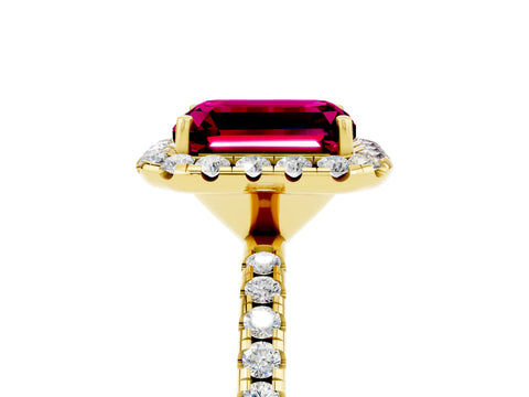 Yellow gold Emerald Cut Cut Diamond Floral Halo Engagement Ring with Pavé Band and Prong Setting_5