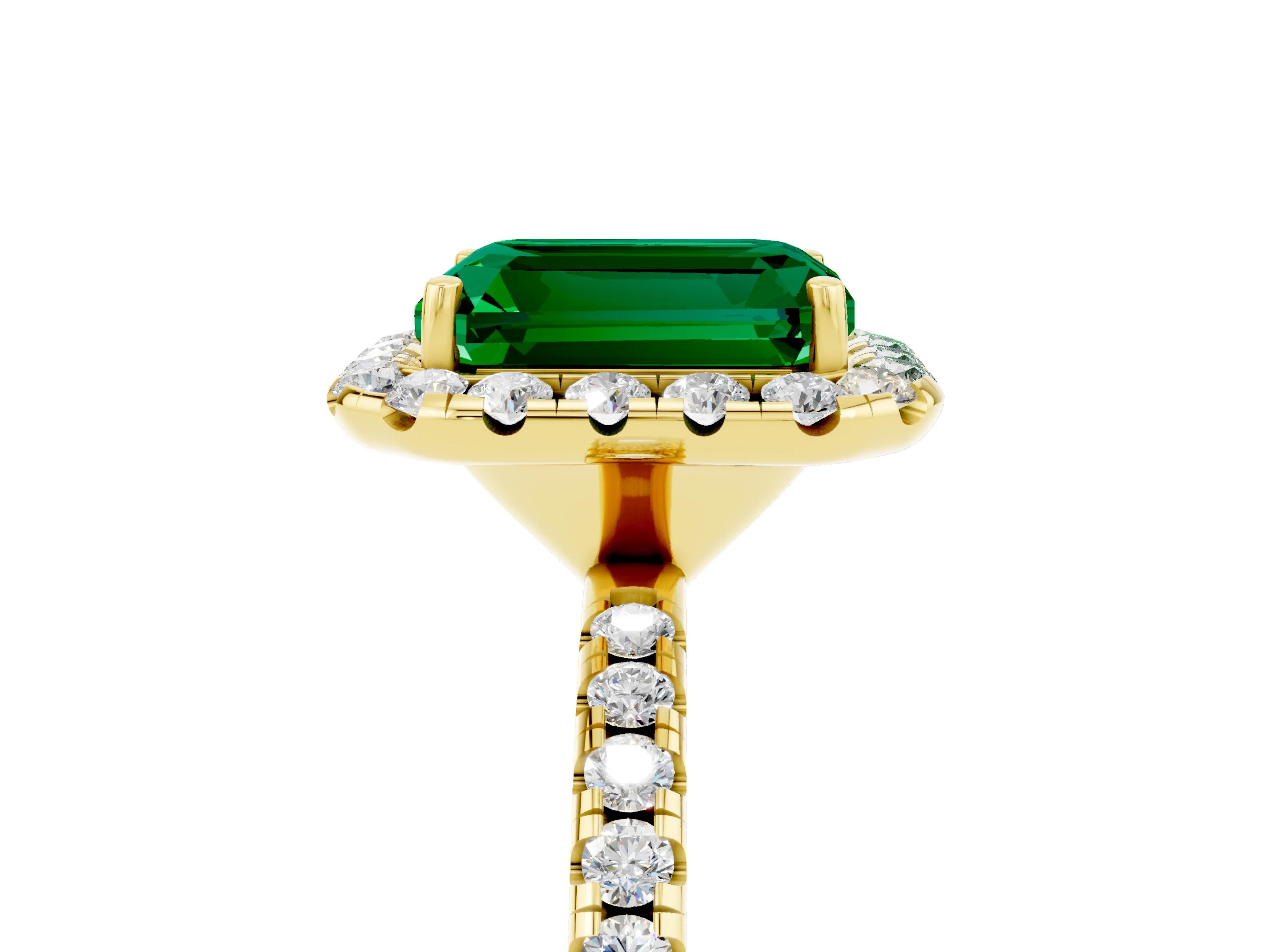 Yellow gold Emerald Cut Cut Diamond Floral Halo Engagement Ring with Pavé Band and Prong Setting_5
