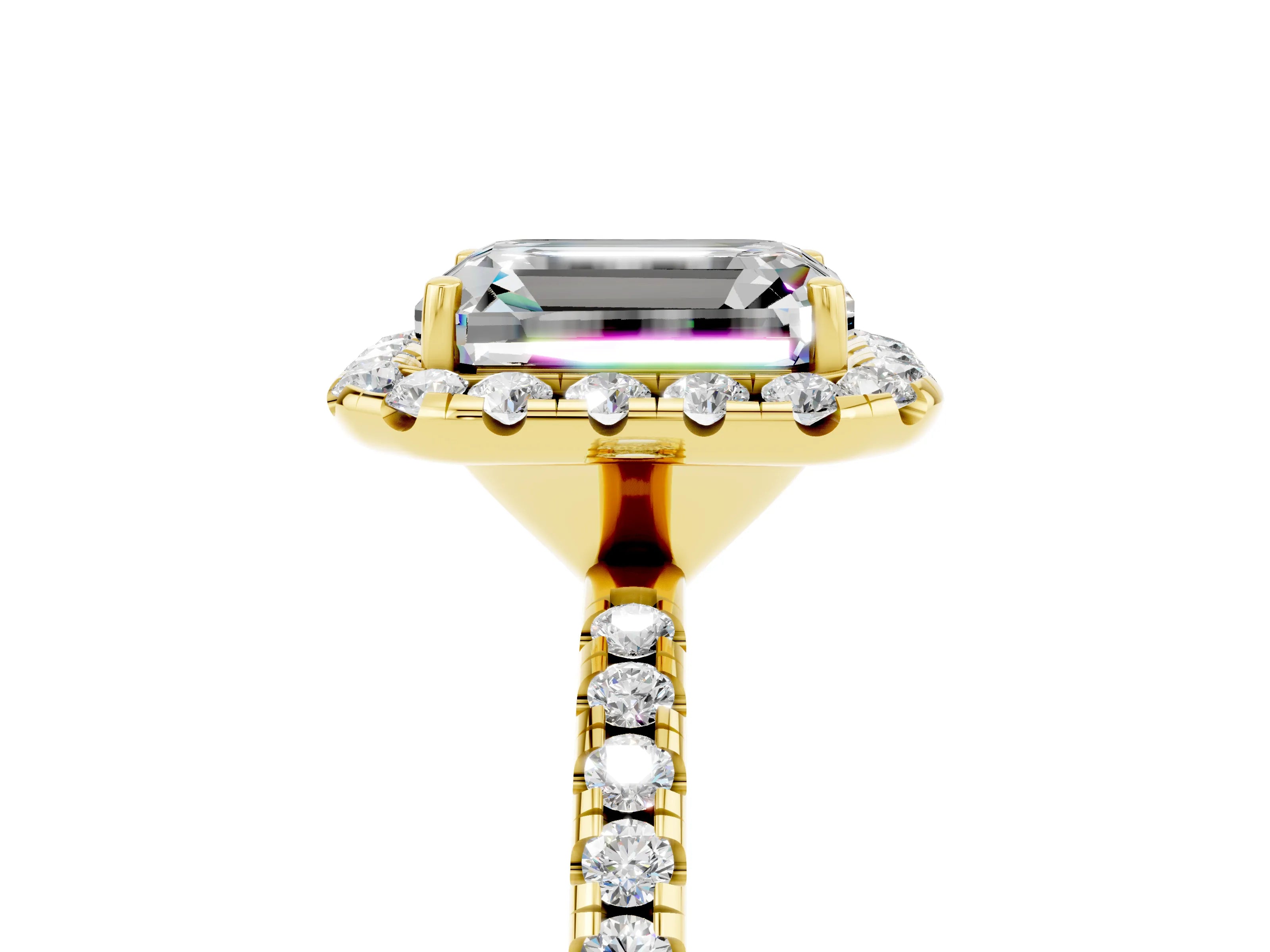 Yellow gold Emerald Cut Cut Diamond Floral Halo Engagement Ring with Pavé Band and Prong Setting_5