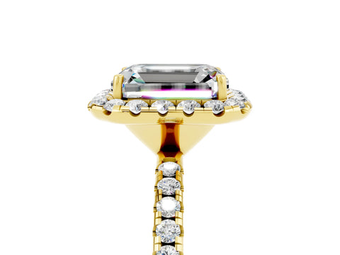 Yellow gold Emerald Cut Cut Diamond Floral Halo Engagement Ring with Pavé Band and Prong Setting_5