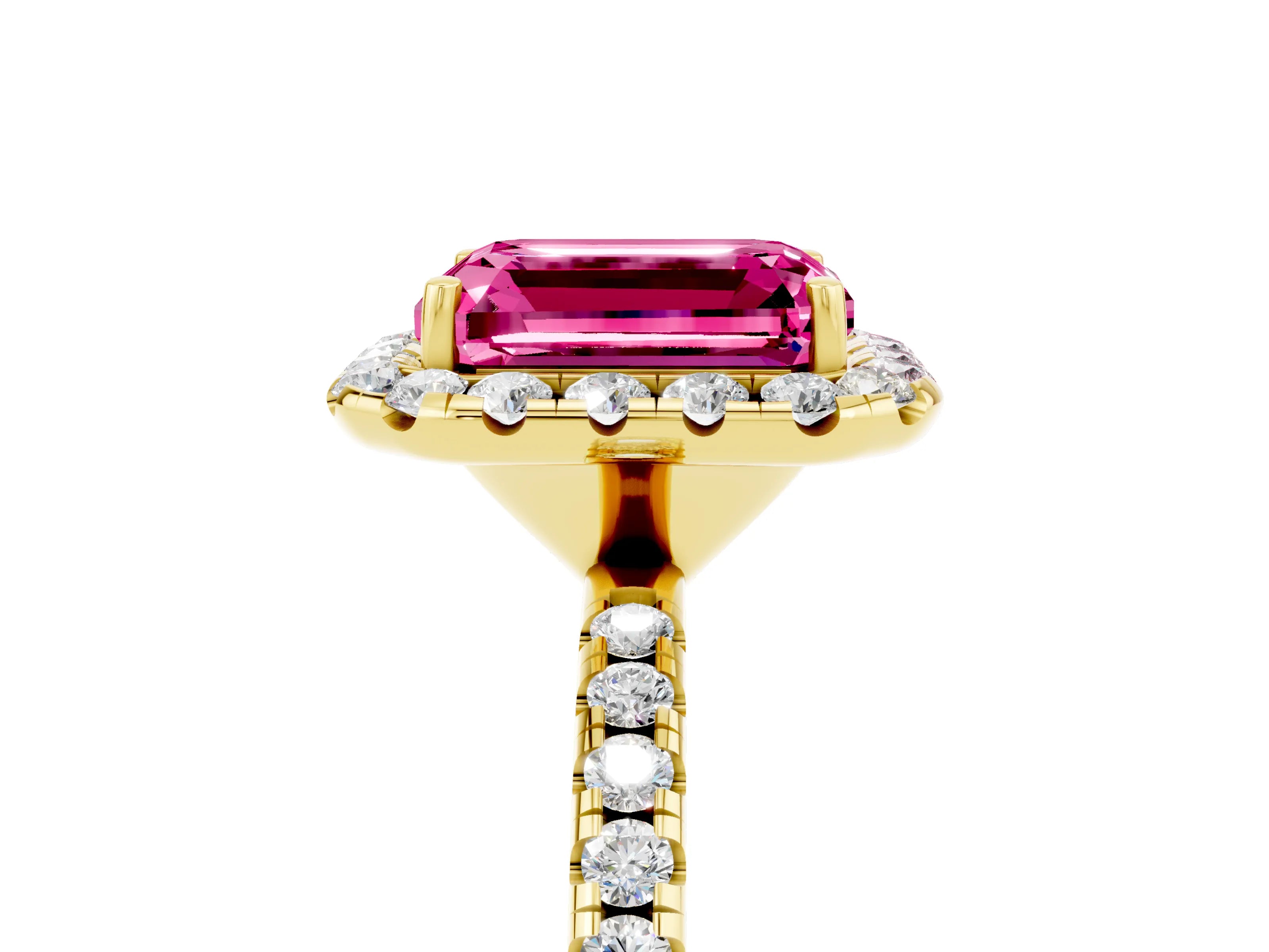 Yellow gold Emerald Cut Cut Diamond Floral Halo Engagement Ring with Pavé Band and Prong Setting_5