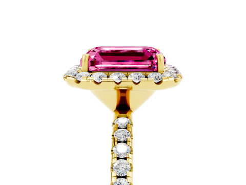 Yellow gold Emerald Cut Cut Diamond Floral Halo Engagement Ring with Pavé Band and Prong Setting_5