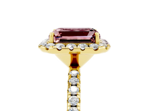 Yellow gold Emerald Cut Cut Diamond Floral Halo Engagement Ring with Pavé Band and Prong Setting_5