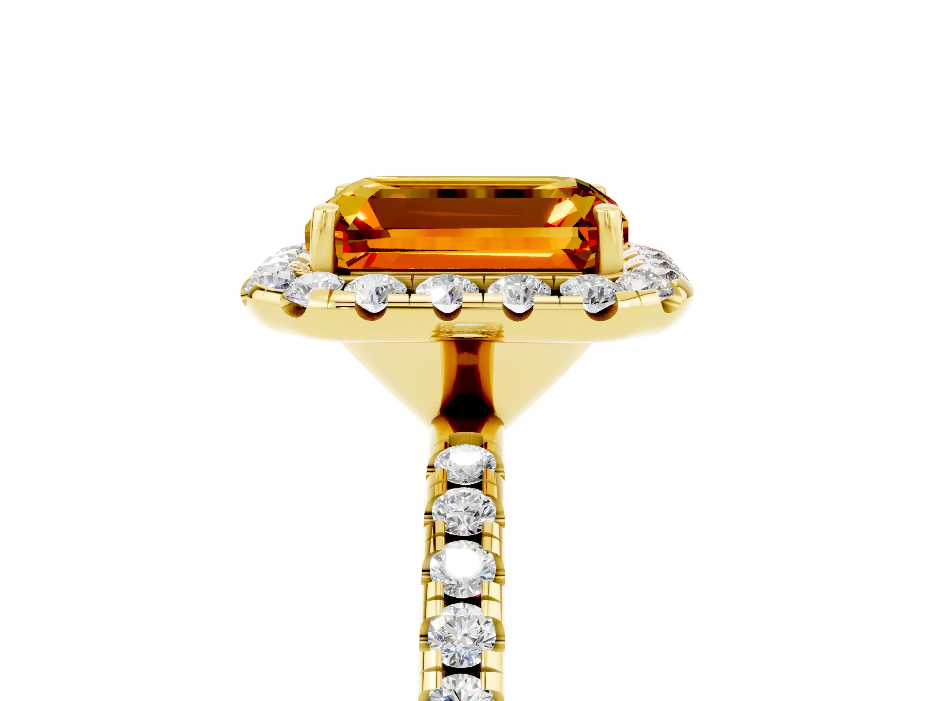Yellow gold Emerald Cut Cut Diamond Floral Halo Engagement Ring with Pavé Band and Prong Setting_5