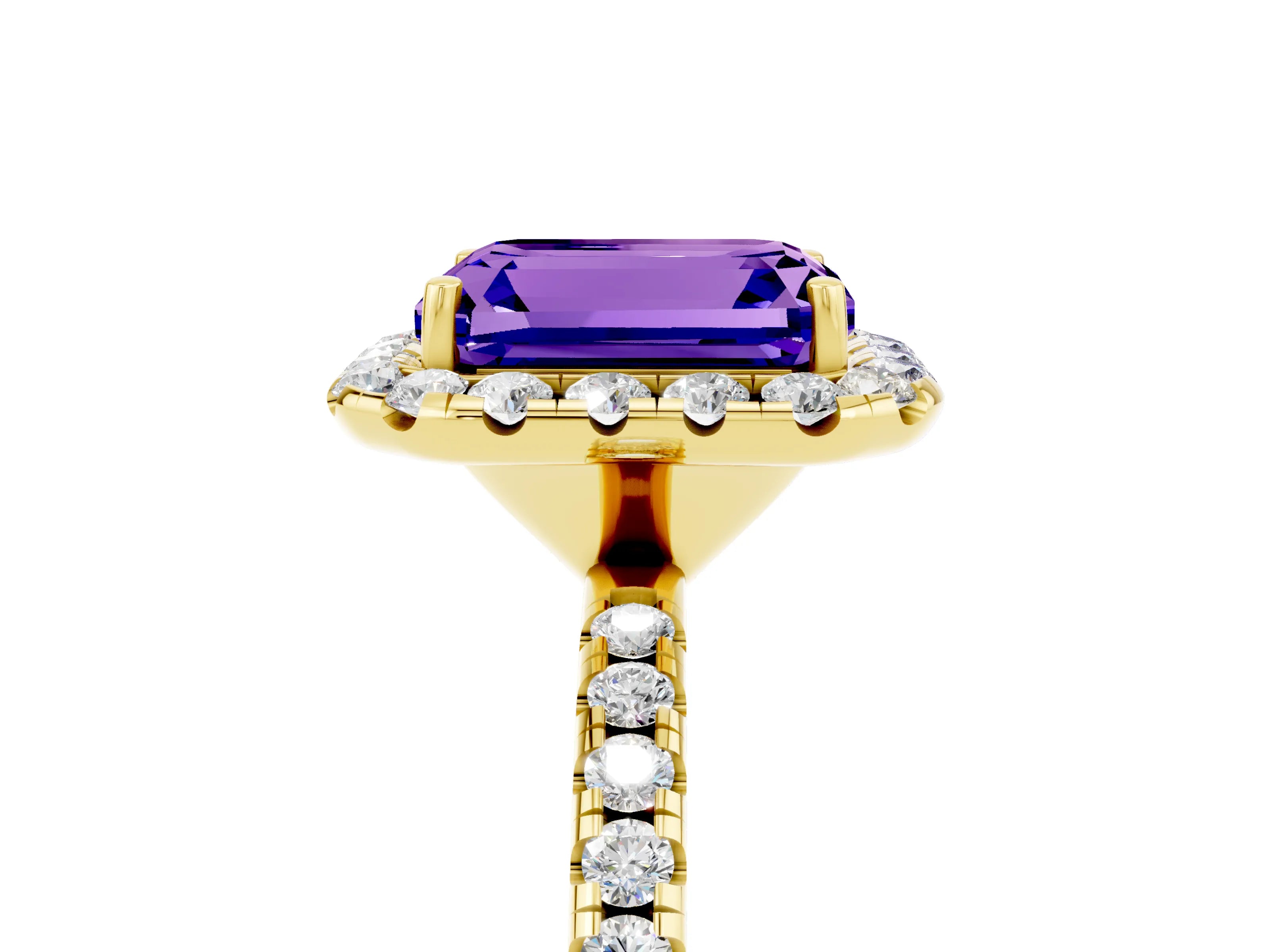 Yellow gold Emerald Cut Cut Diamond Floral Halo Engagement Ring with Pavé Band and Prong Setting_5