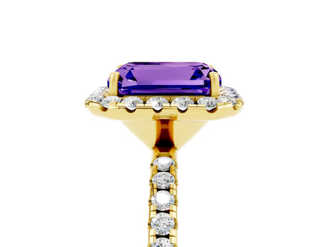 Yellow gold Emerald Cut Cut Diamond Floral Halo Engagement Ring with Pavé Band and Prong Setting_5