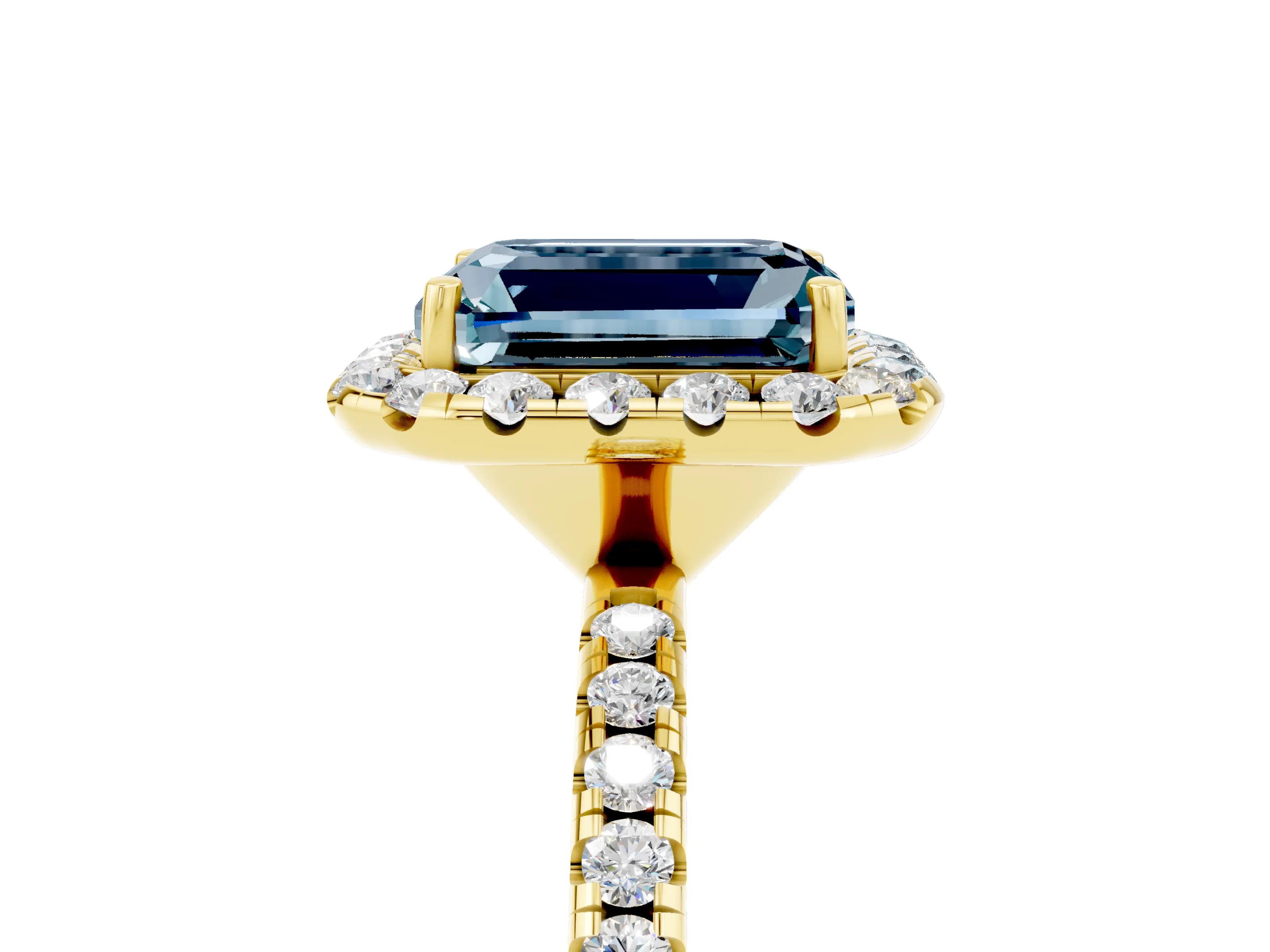 Yellow gold Emerald Cut Cut Diamond Floral Halo Engagement Ring with Pavé Band and Prong Setting_5