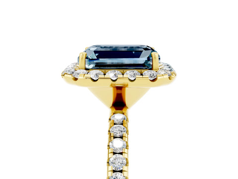 Yellow gold Emerald Cut Cut Diamond Floral Halo Engagement Ring with Pavé Band and Prong Setting_5