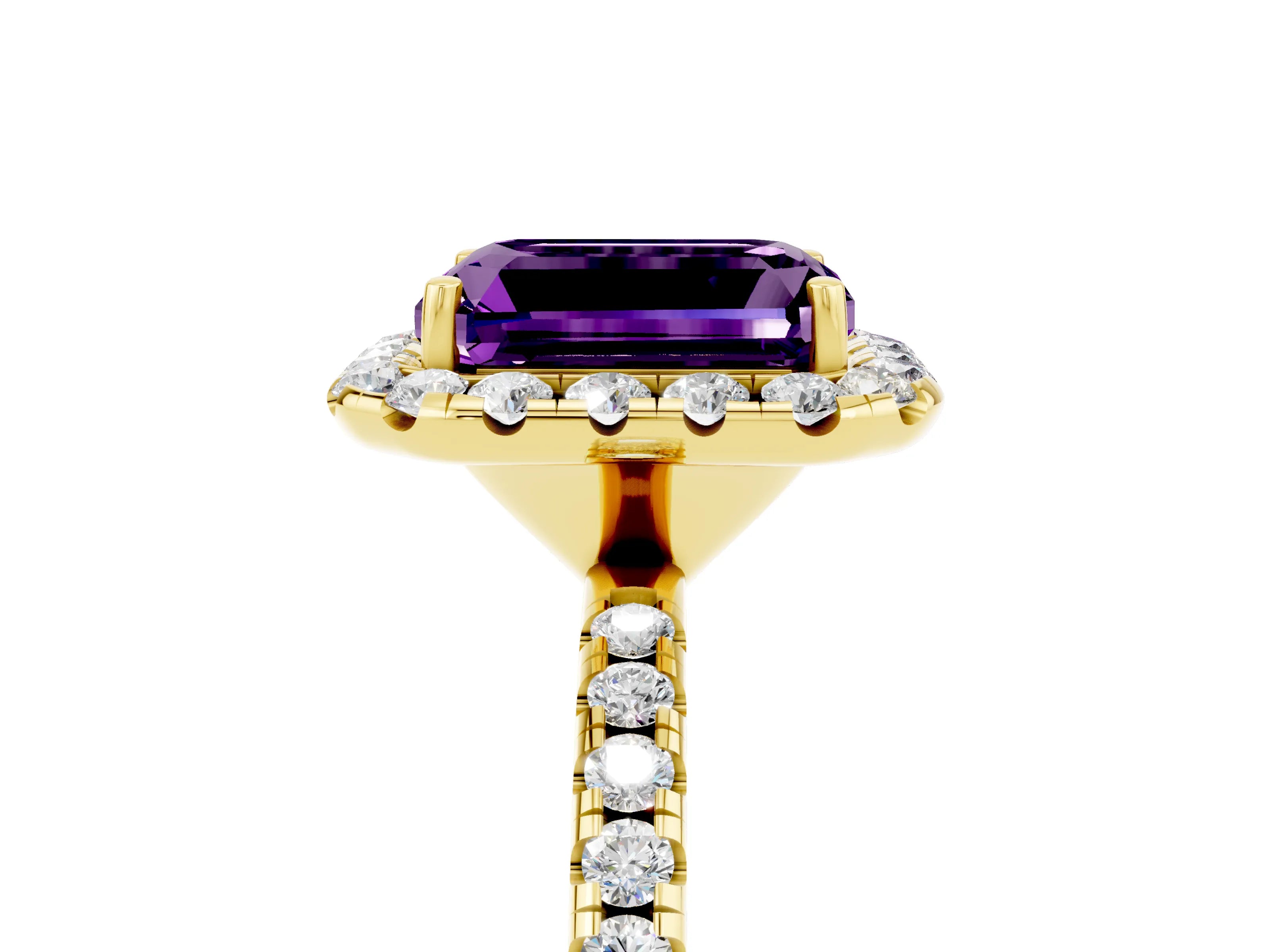Yellow gold Emerald Cut Cut Diamond Floral Halo Engagement Ring with Pavé Band and Prong Setting_5