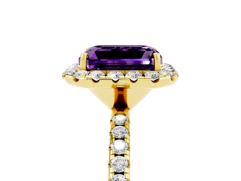 Yellow gold Emerald Cut Cut Diamond Floral Halo Engagement Ring with Pavé Band and Prong Setting_5