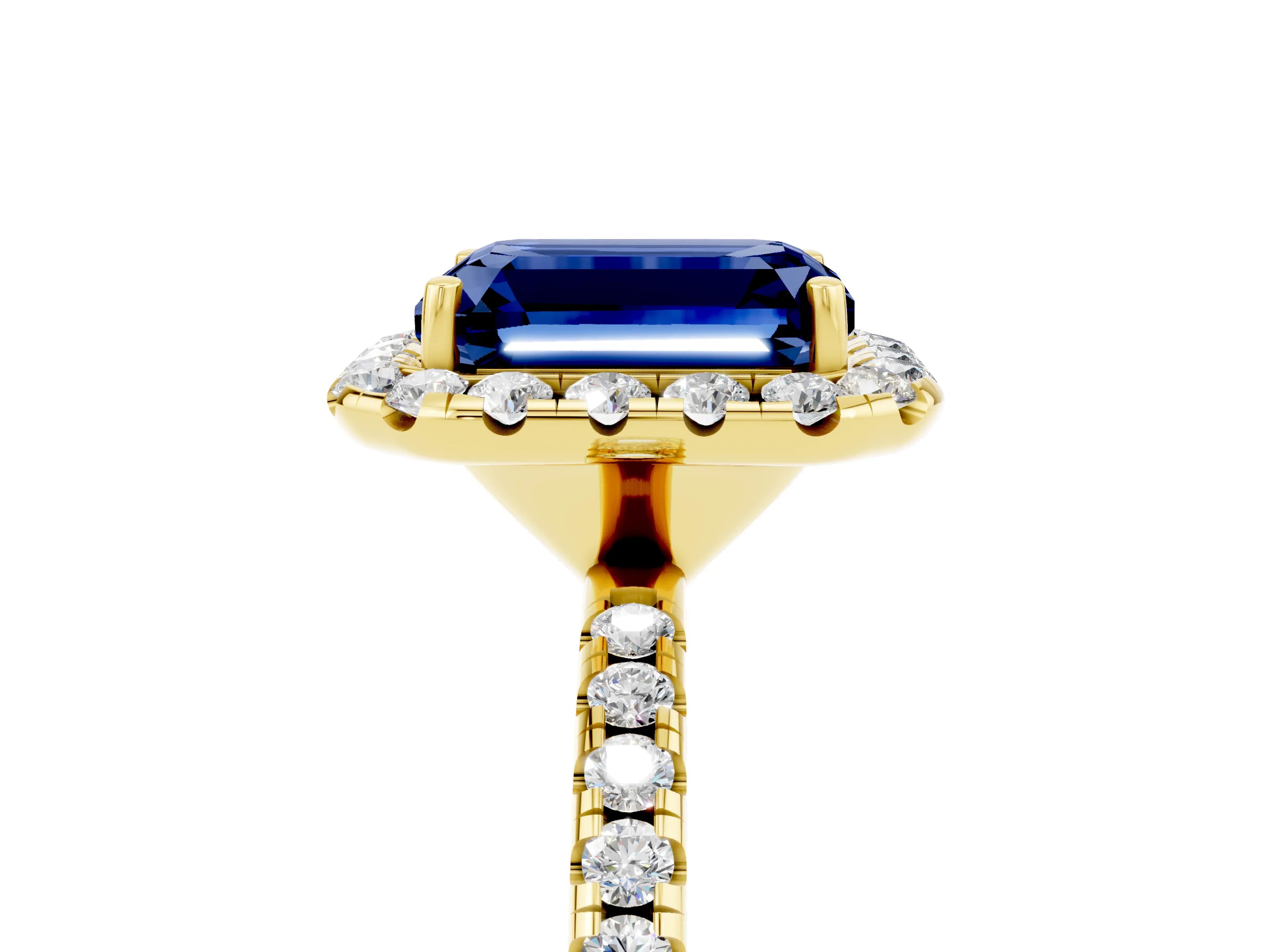Yellow gold Emerald Cut Cut Diamond Floral Halo Engagement Ring with Pavé Band and Prong Setting_5